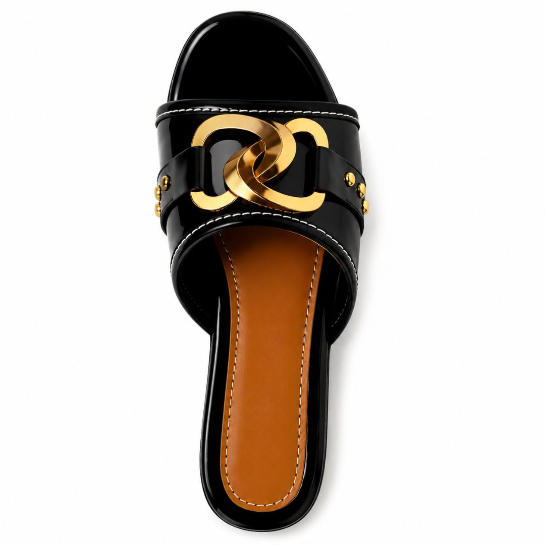 Womens Black Heeled Slippers with Gold Accent